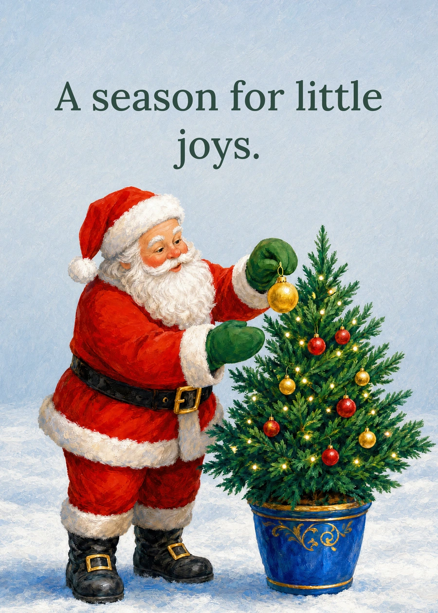 Personalized Santa Trims the Tree Greeting Card front with example wording: A season for little joys.