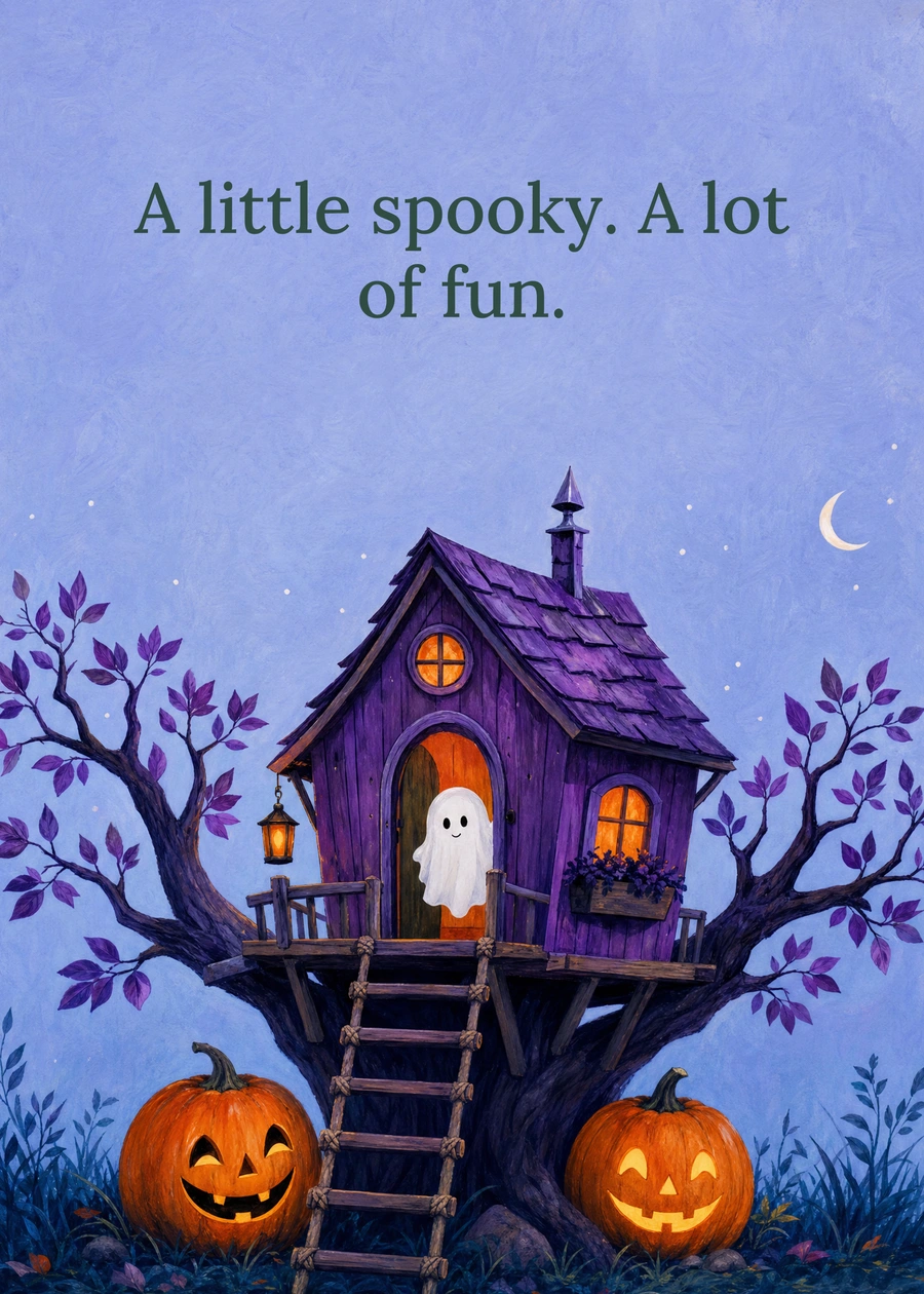 Personalized The Halloween Treehouse Greeting Card front with example wording: A little spooky. A lot of fun.
