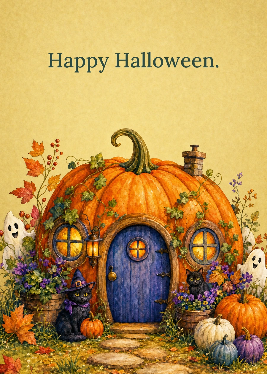 Personalized The Pumpkin Cottage Greeting Card front with example wording: Happy Halloween.