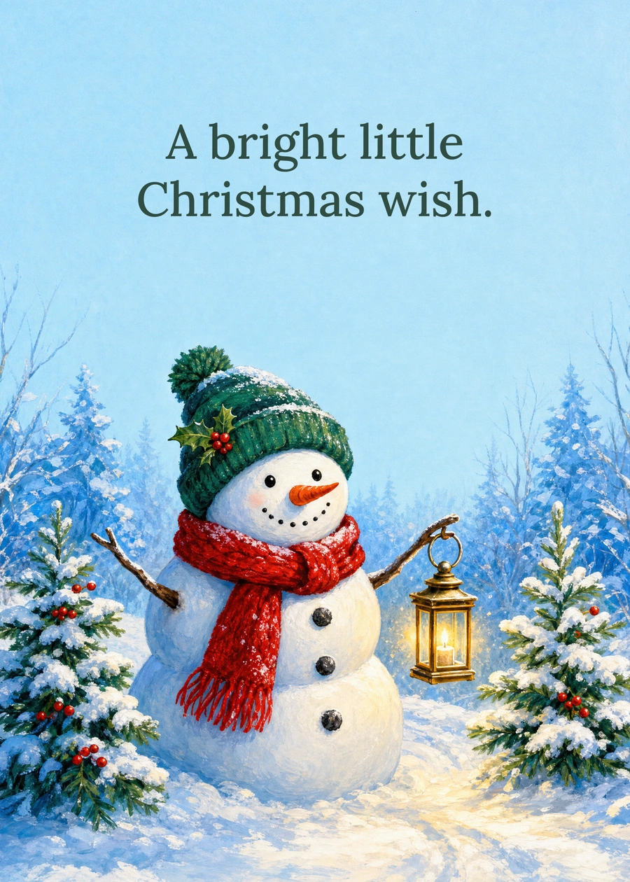A Snowman with a Little Light greeting card artwork: A bright little Christmas wish.