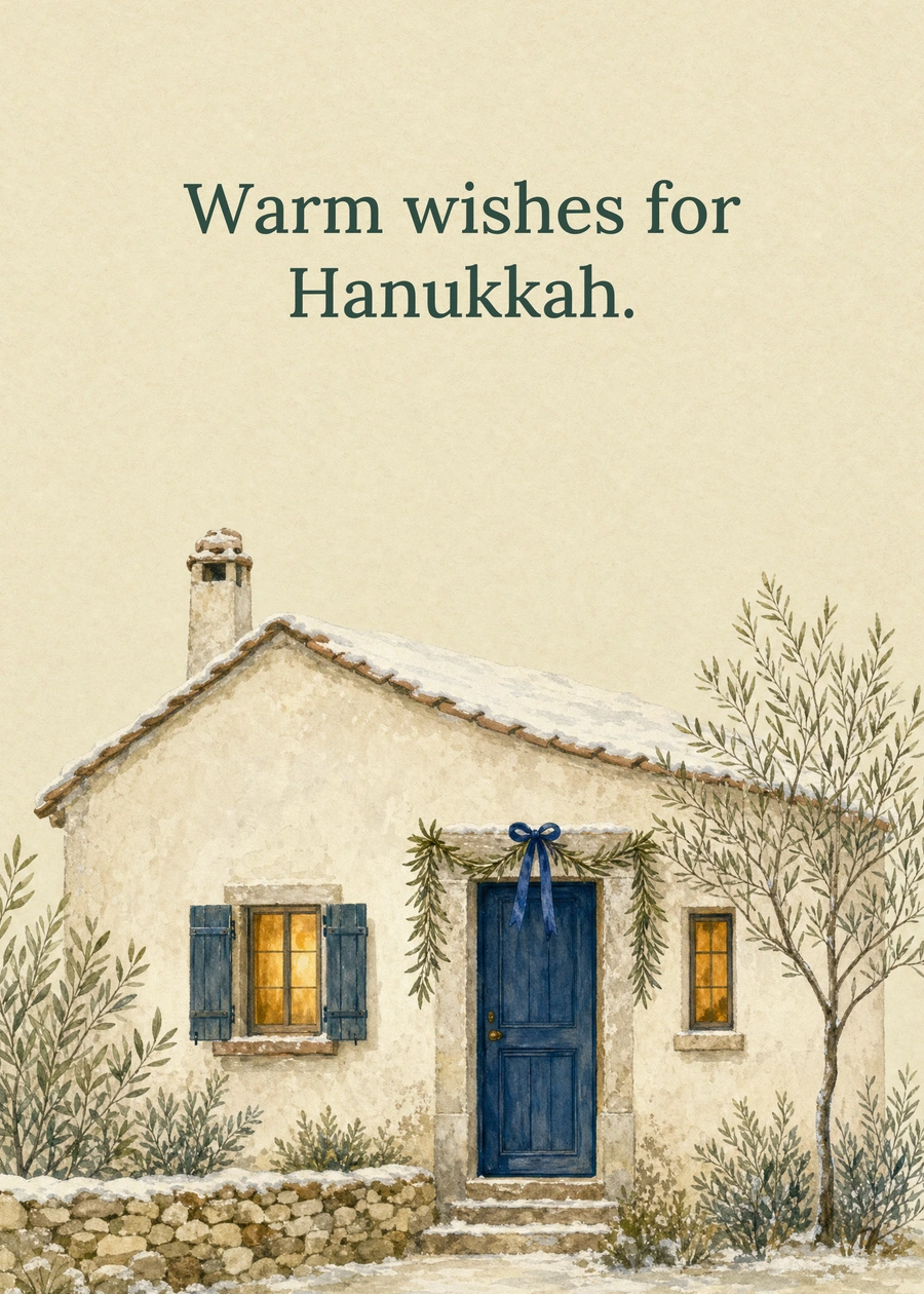 Personalized The Blue Door in December Greeting Card front with example wording: Warm wishes for Hanukkah.