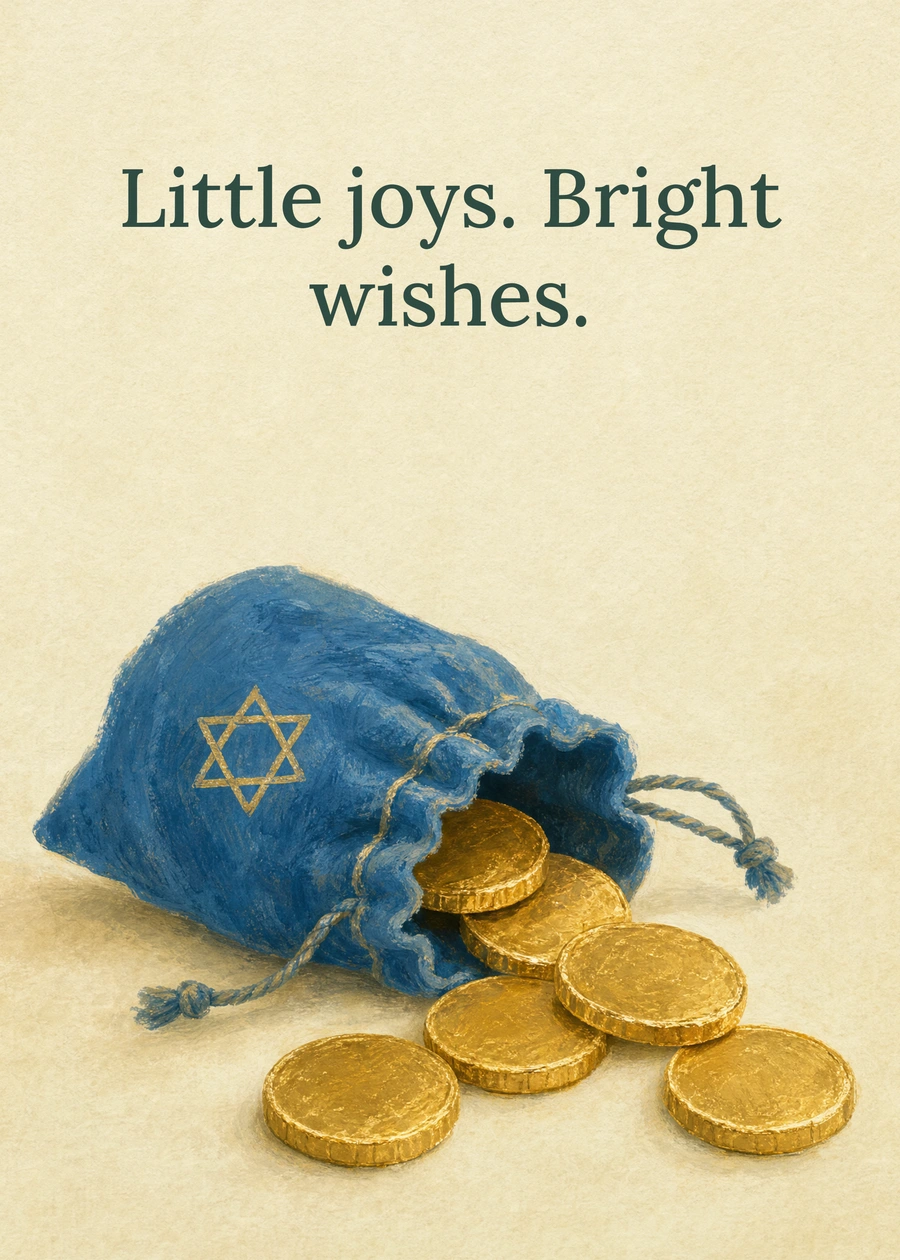 Personalized A Little Hanukkah Treasure Greeting Card front with example wording: Little joys. Bright wishes.