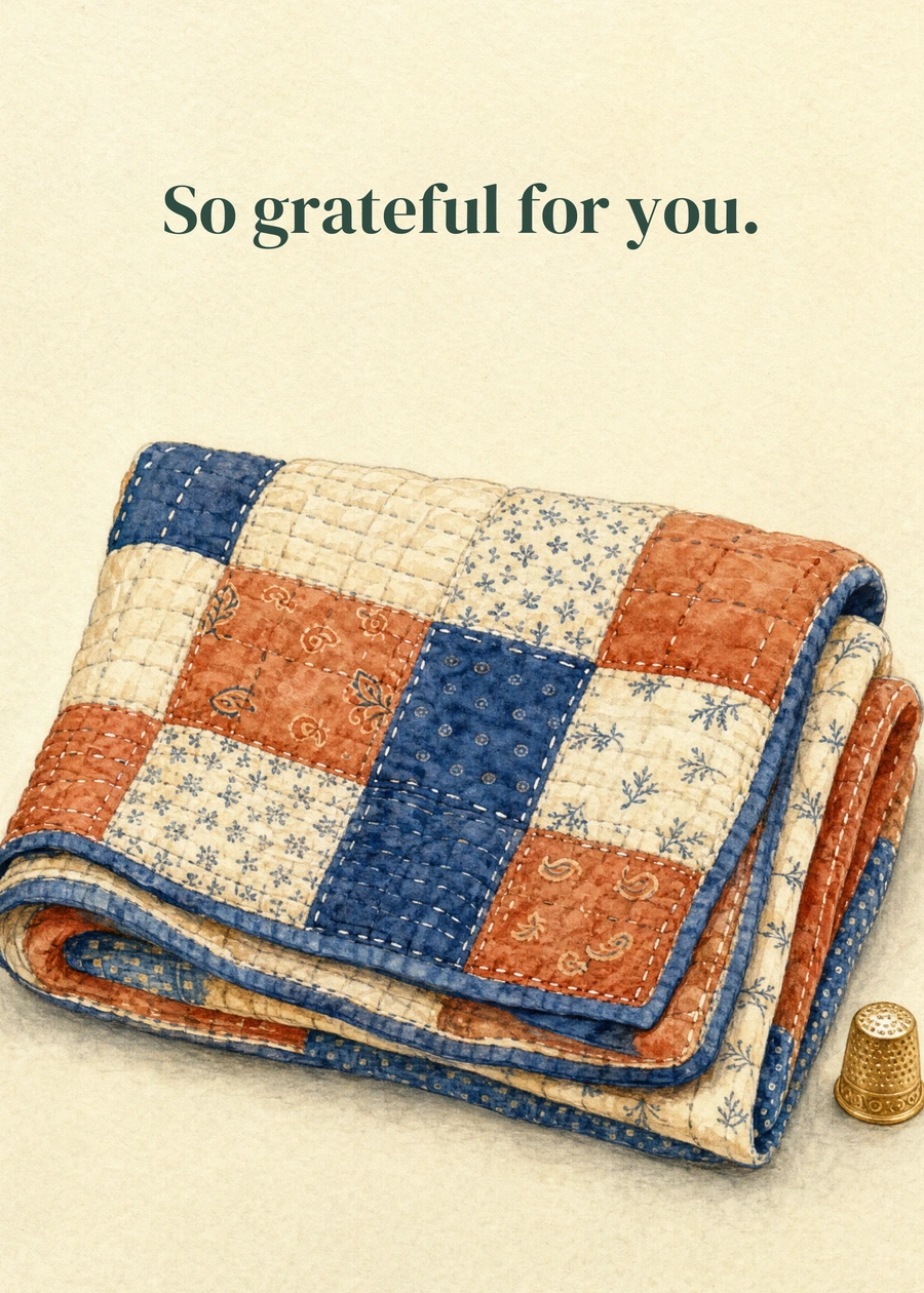 Personalized Stitched with Thanks Greeting Card front with example wording: So grateful for you.
