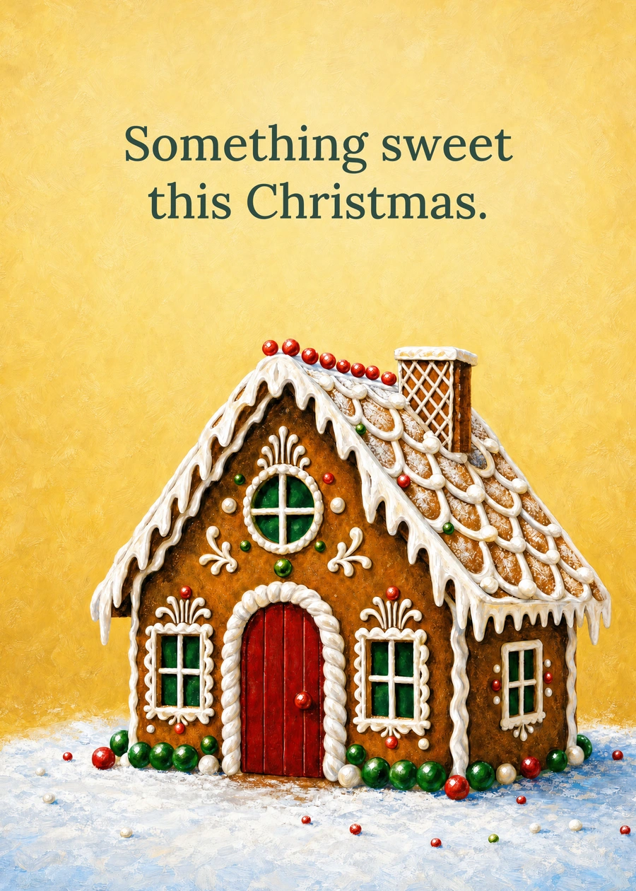 Personalized The Little Gingerbread Cottage Greeting Card front with example wording: Something sweet this Christmas.