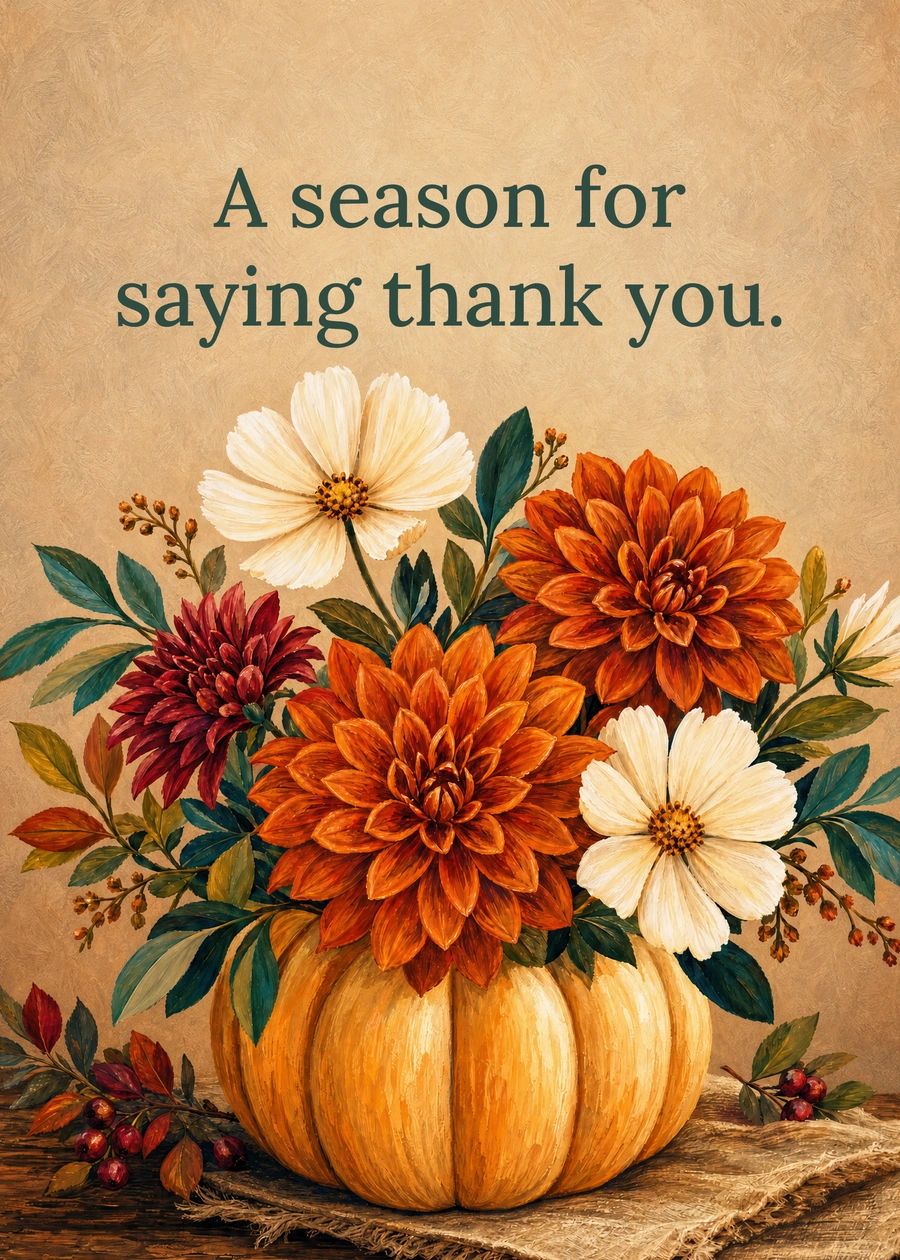 Personalized A Pumpkin Full of Kindness Greeting Card front with example wording: A season for saying thank you.