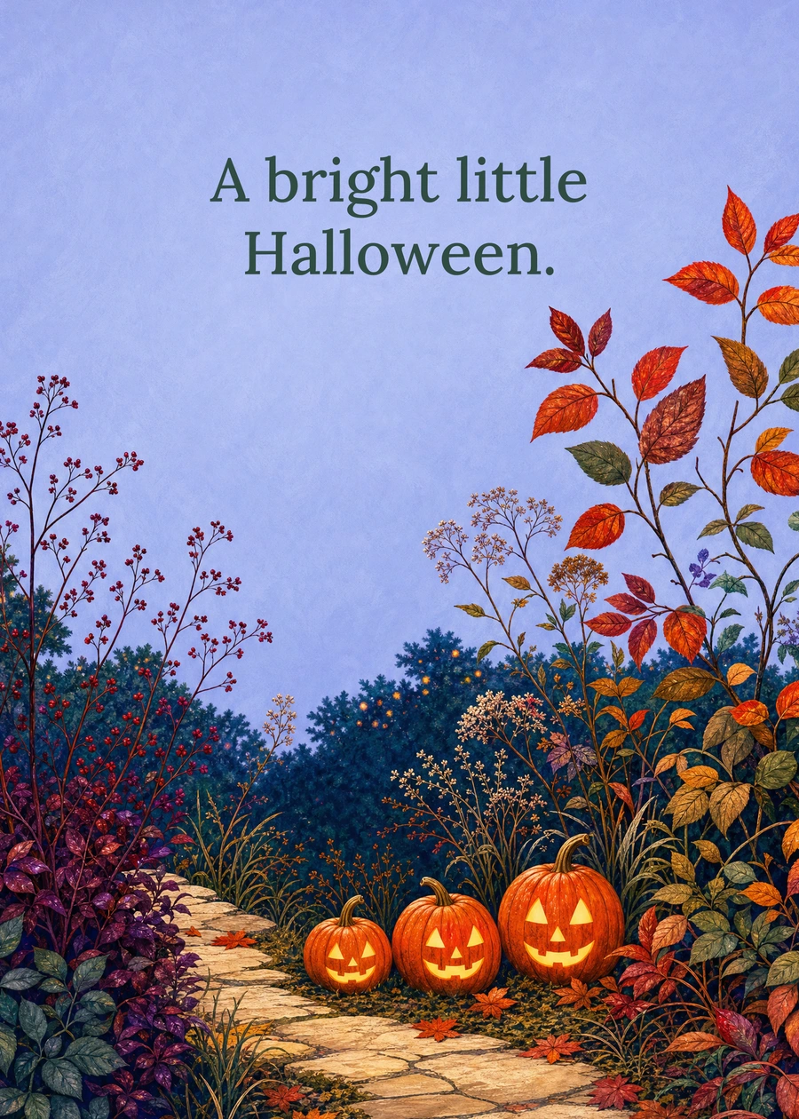 Personalized Lanterns at Dusk Greeting Card front with example wording: A bright little Halloween.