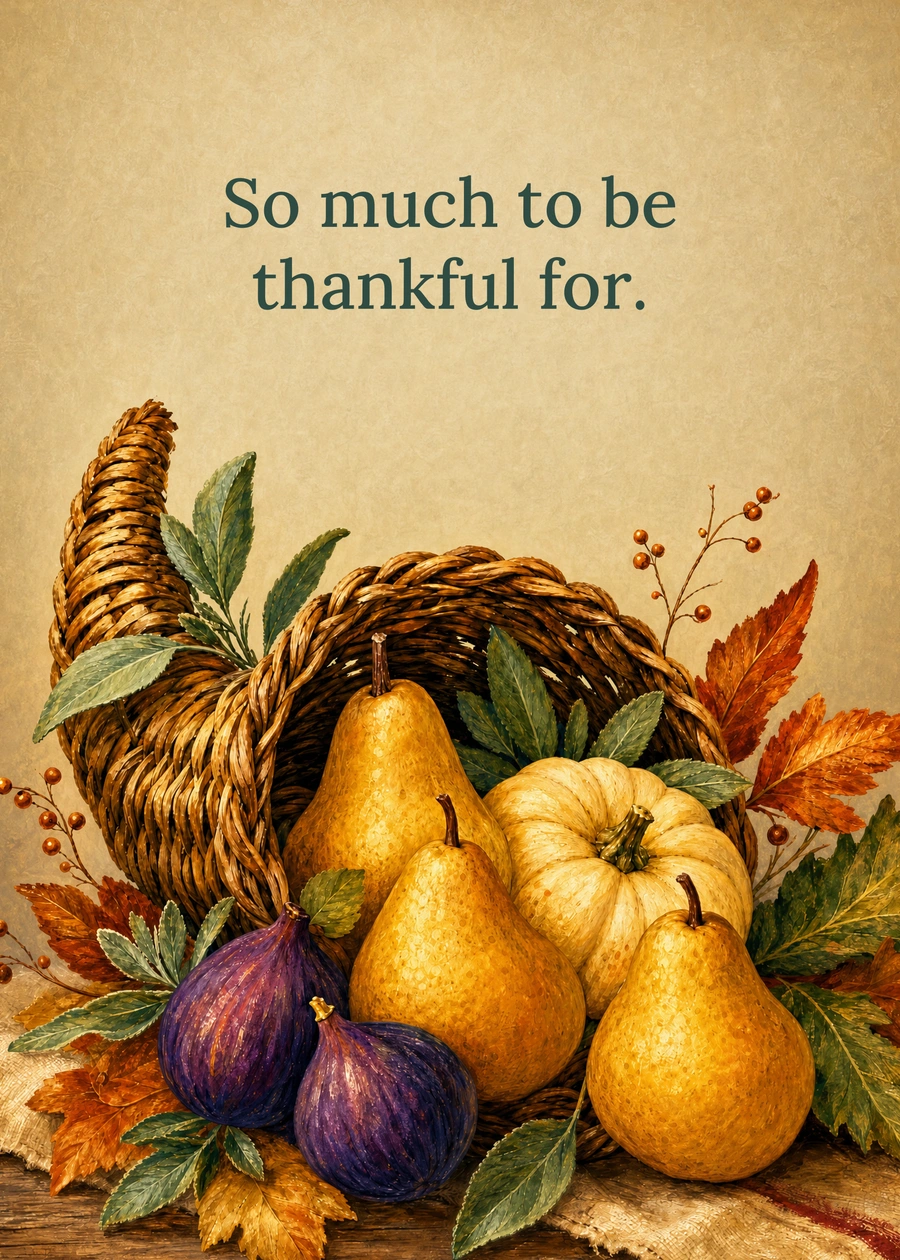 Personalized A Little Autumn Abundance Greeting Card front with example wording: So much to be thankful for.