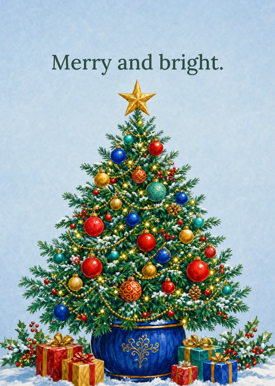 Personalized The Colorful Christmas Tree Greeting Card front with example wording: Merry and bright.