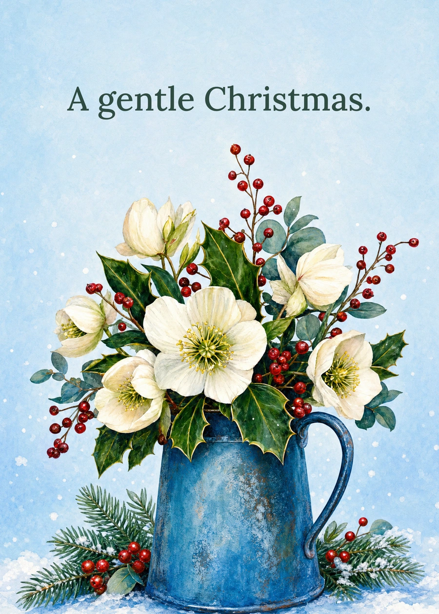 Personalized Winter Blooms for Christmas Greeting Card front with example wording: A gentle Christmas.