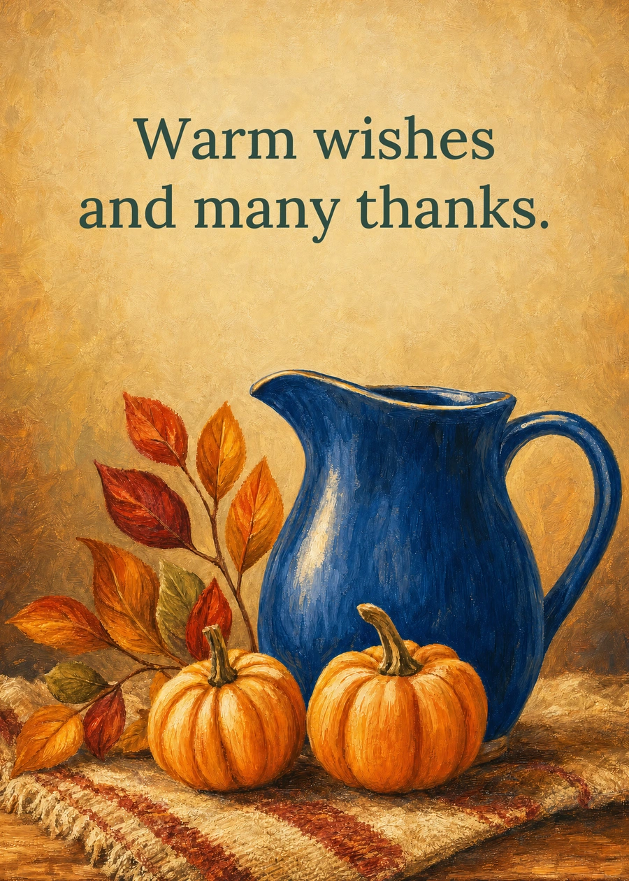 Personalized Harvest in Blue Greeting Card front with example wording: Warm wishes and many thanks.