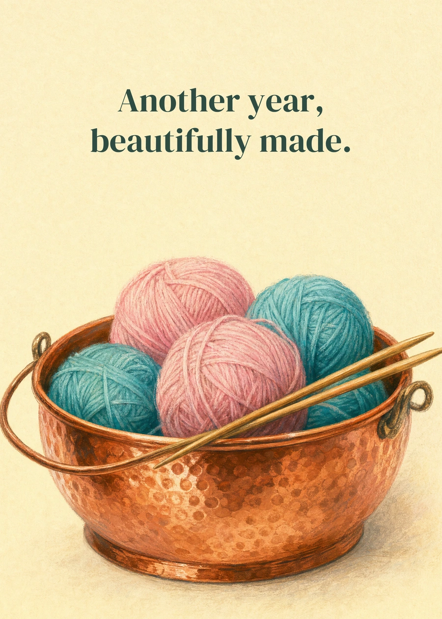 Personalized A Cozy Birthday Greeting Card front with example wording: Another year, beautifully made.