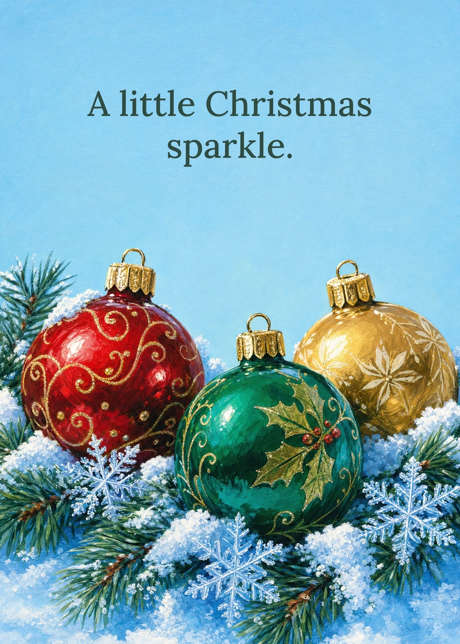 Personalized Winter Snowflakes and Baubles Greeting Card front with example wording: A little Christmas sparkle.