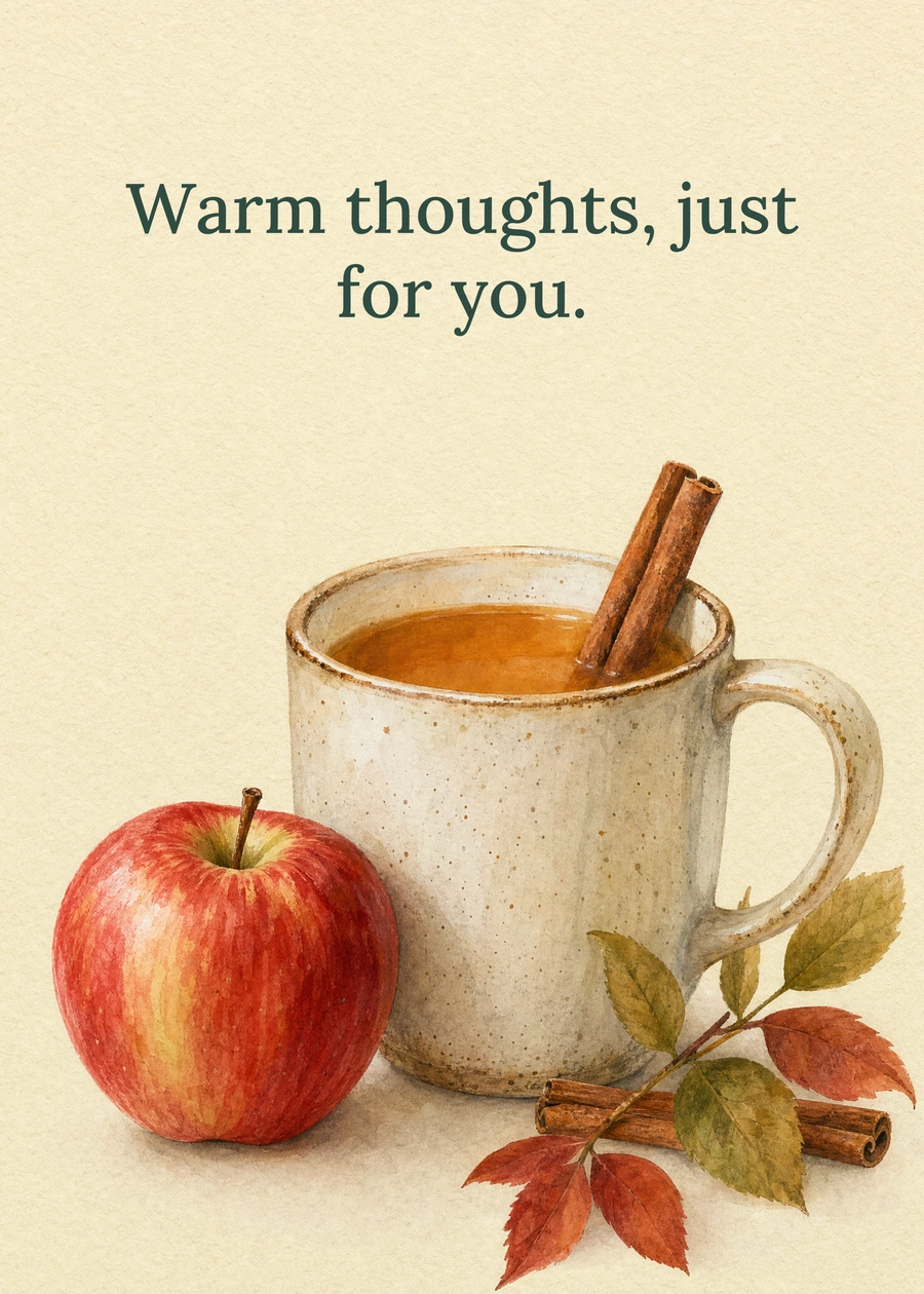 Personalized A Cup of Autumn Greeting Card front with example wording: Warm thoughts, just for you.
