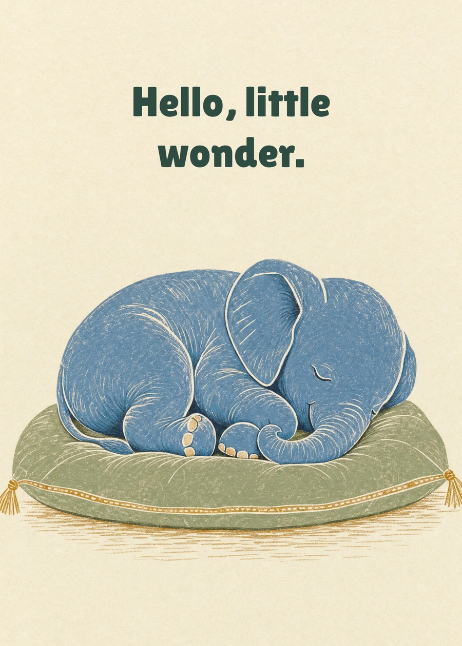 Personalized A Little Elephant Welcome Greeting Card front with example wording: Hello, little wonder.