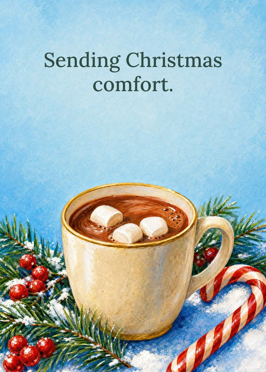 Personalized A Cup of Christmas Comfort Greeting Card front with example wording: Sending Christmas comfort.