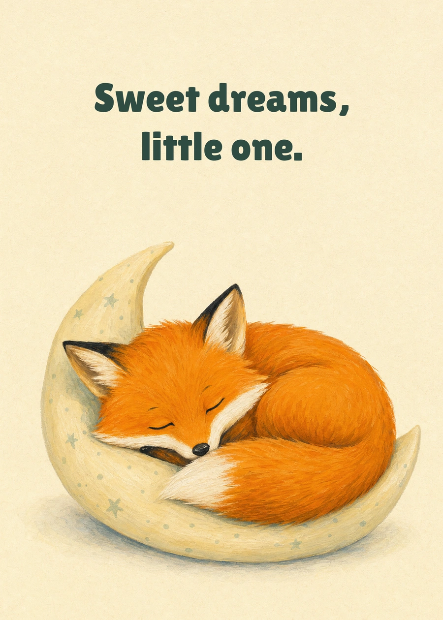 A Small Sleepy Fox greeting card artwork: Sweet dreams, little one.