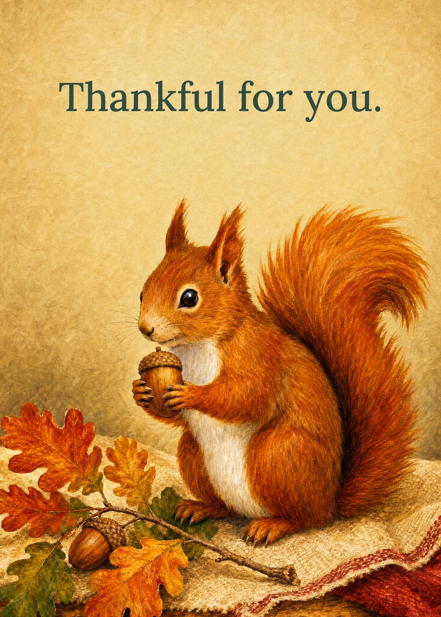 Personalized A Squirrel Full of Thanks Greeting Card front with example wording: Thankful for you.