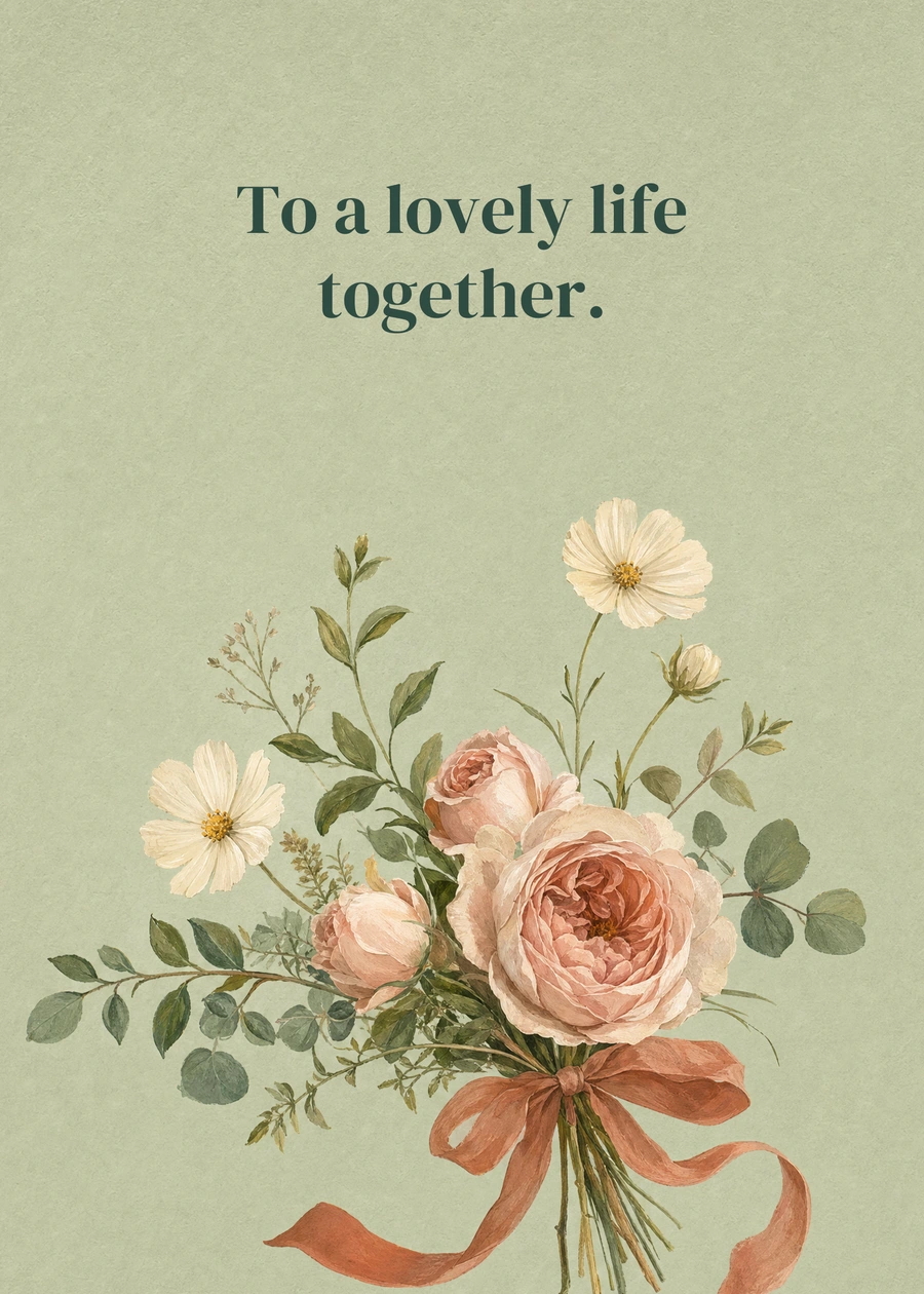 Ribbon and Wild Roses greeting card artwork: To a lovely life together.