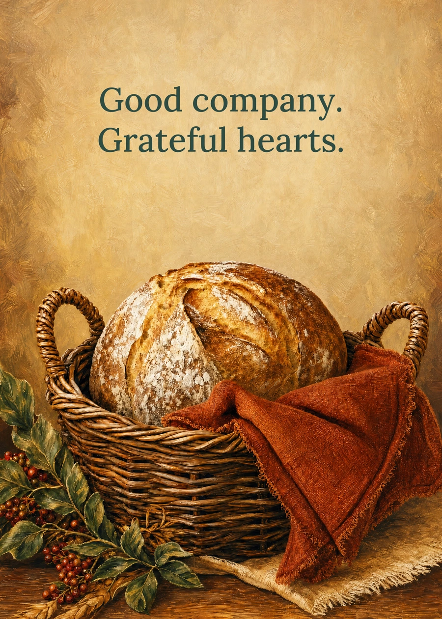 Personalized Bread for the Table Greeting Card front with example wording: Good company. Grateful hearts.