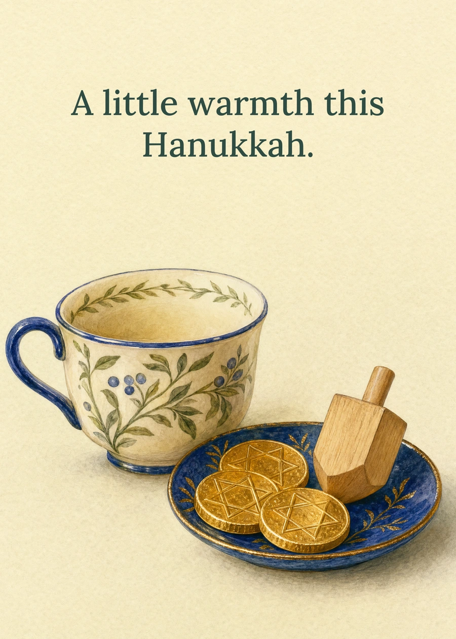 Personalized A Cozy Hanukkah Moment Greeting Card front with example wording: A little warmth this Hanukkah.