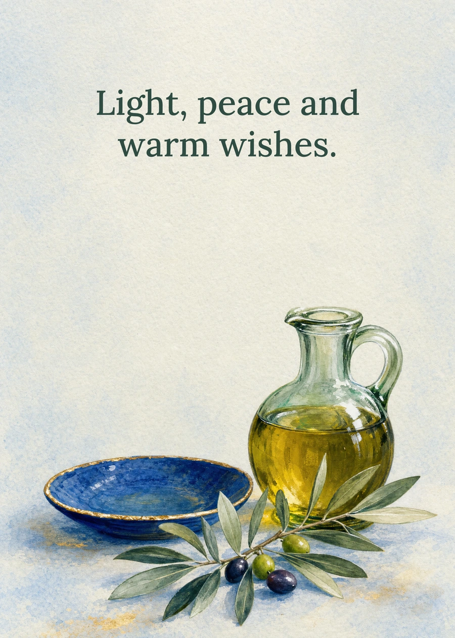 Personalized A Little Light and Peace Greeting Card front with example wording: Light, peace and warm wishes.
