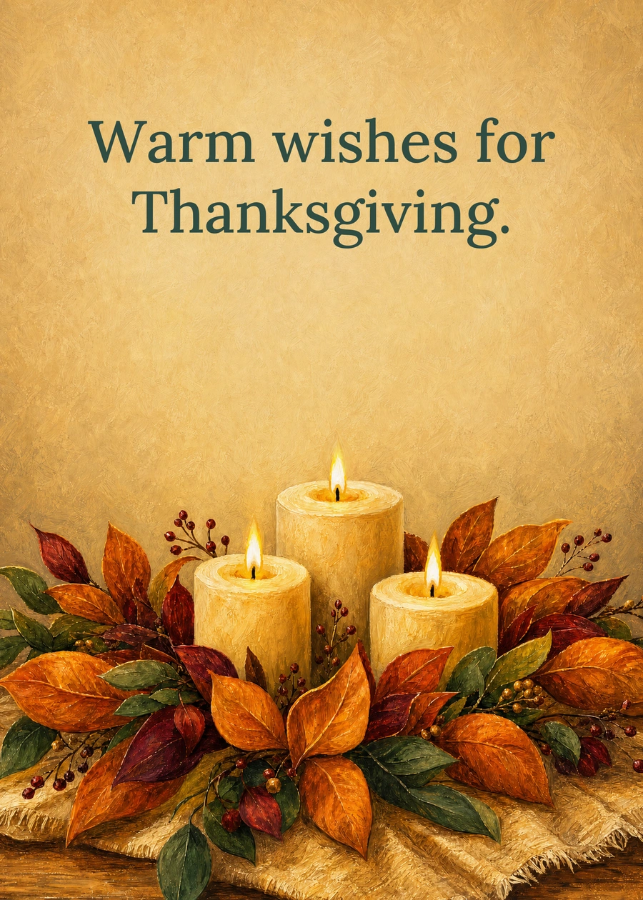 Personalized A Warm Thanksgiving Glow Greeting Card front with example wording: Warm wishes for Thanksgiving.