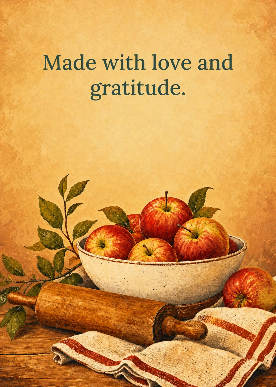 Personalized The Thanksgiving Kitchen Greeting Card front with example wording: Made with love and gratitude.