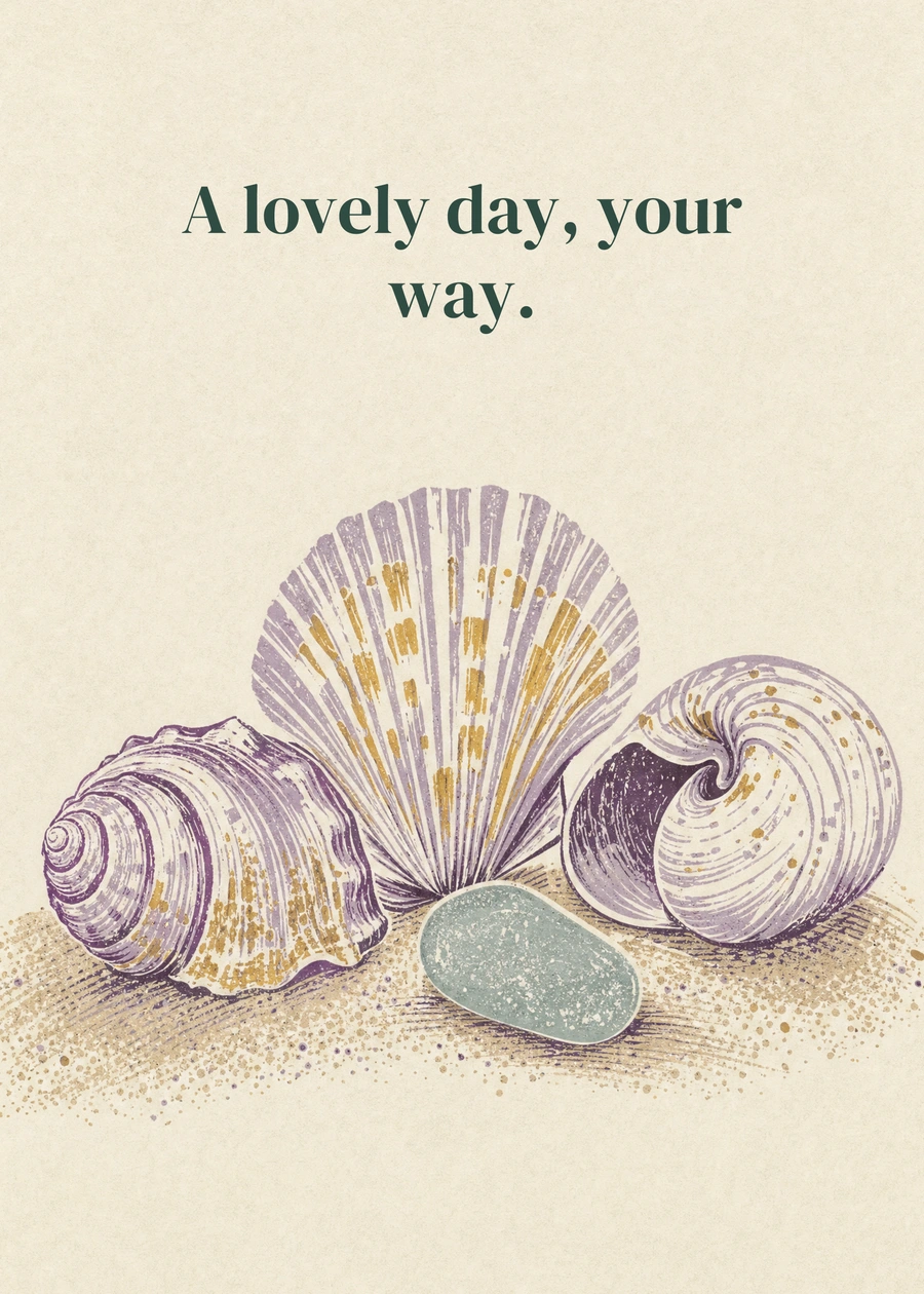 Personalized A Birthday by the Shore Greeting Card front with example wording: A lovely day, your way.