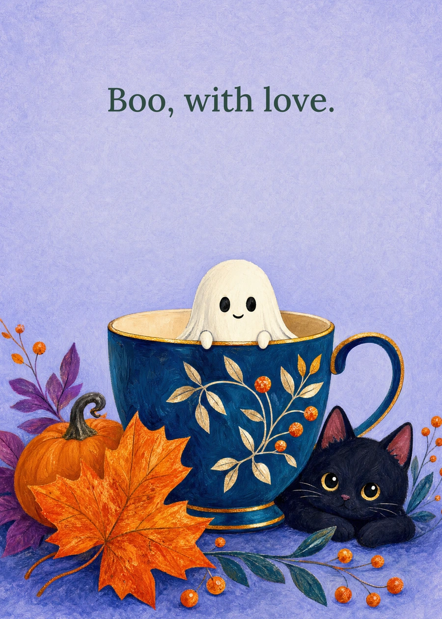 Personalized A Ghost at Teatime Greeting Card front with example wording: Boo, with love.