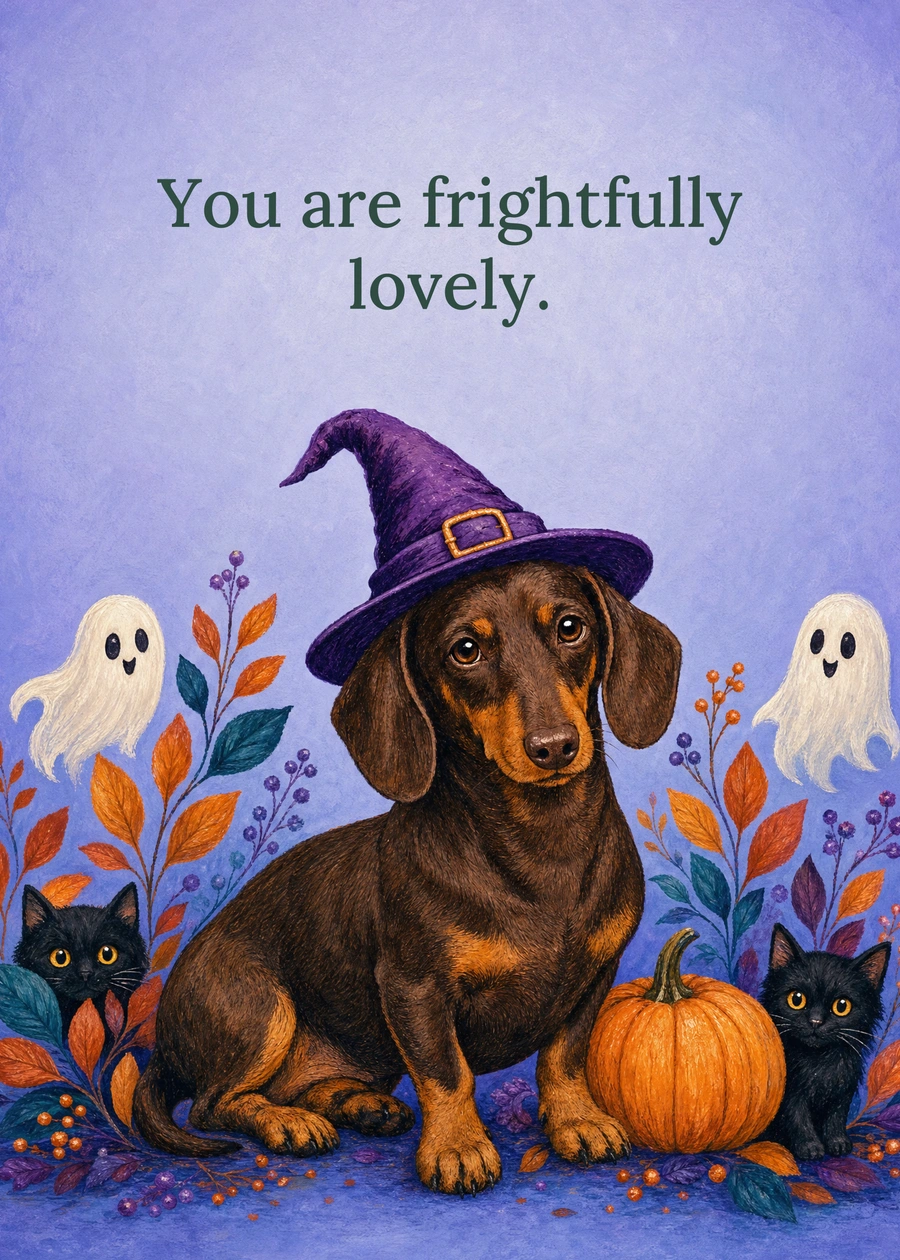 Personalized A Dachshund in Disguise Greeting Card front with example wording: You are frightfully lovely.
