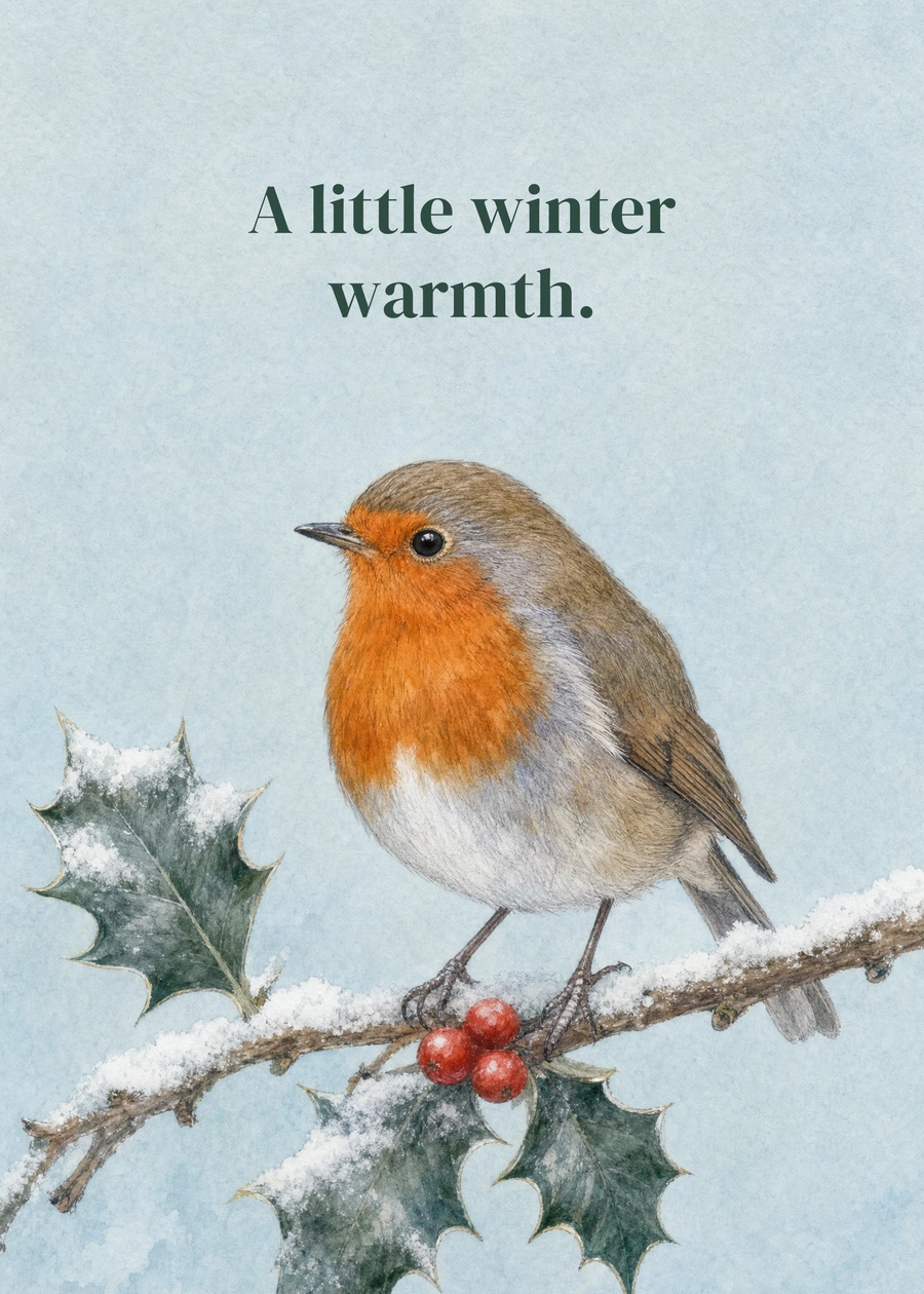 A Robin in Winter greeting card artwork: A little winter warmth.