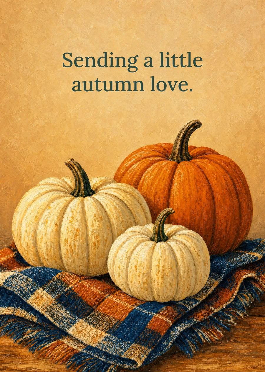 Personalized Pumpkins and Plaid Greeting Card front with example wording: Sending a little autumn love.