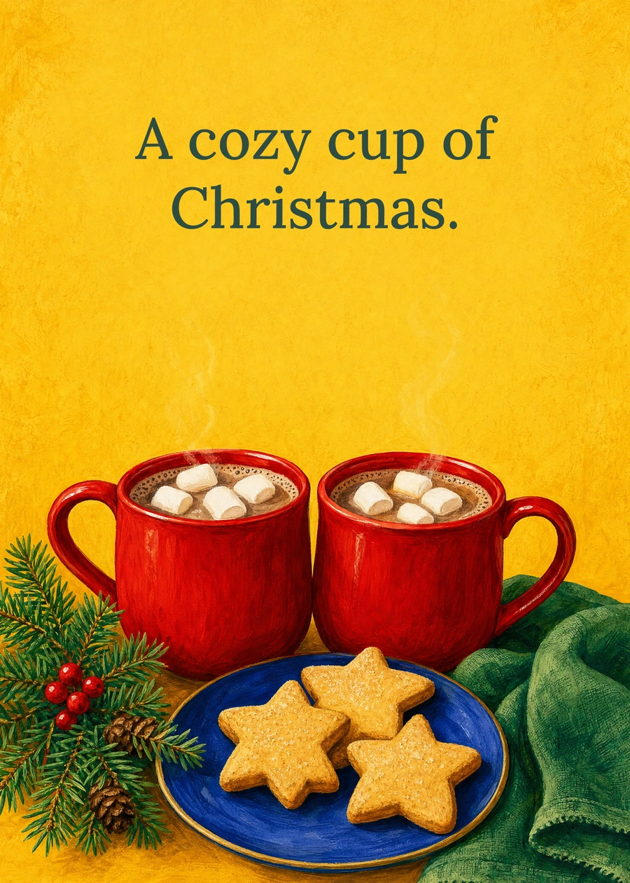 Personalized Christmas Cocoa and Cookies Greeting Card front with example wording: A cozy cup of Christmas.