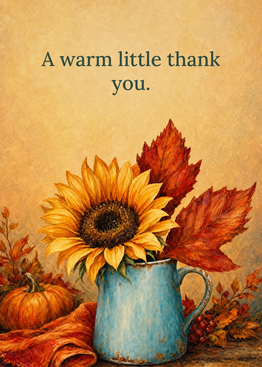 Personalized A Sunflower Thank You Greeting Card front with example wording: A warm little thank you.