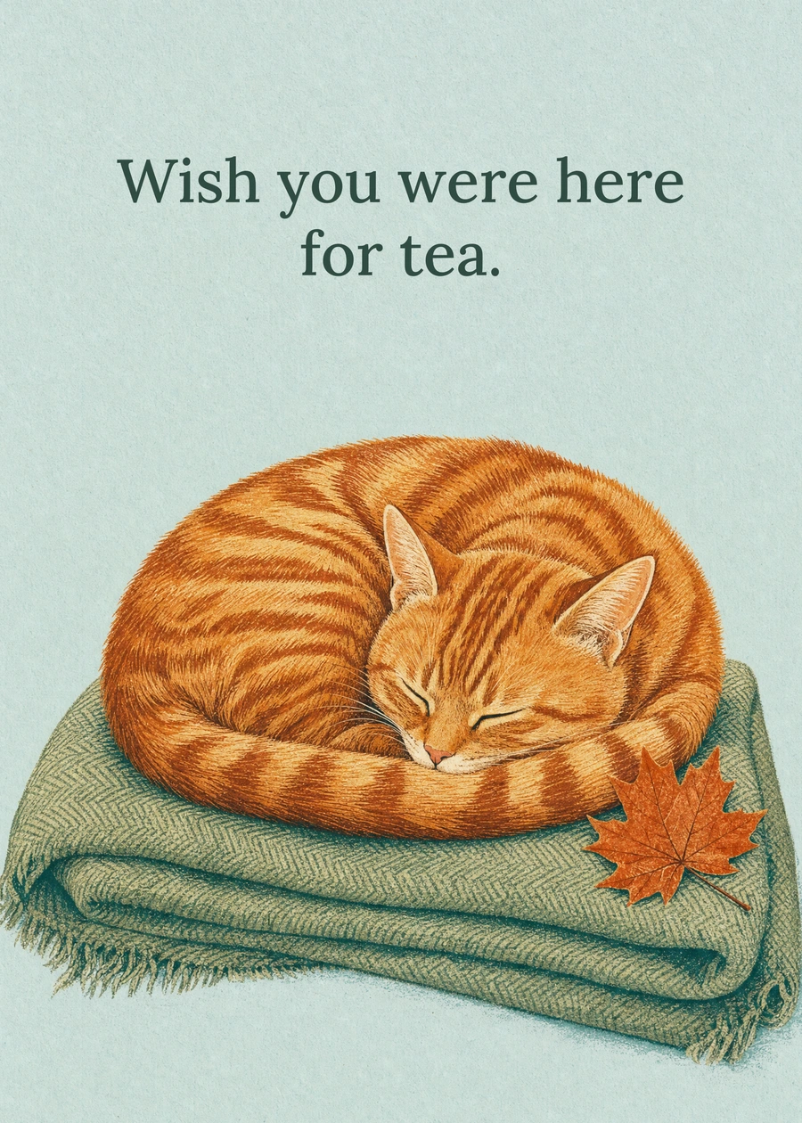 Personalized The Coziest Little Cat Greeting Card front with example wording: Wish you were here for tea.