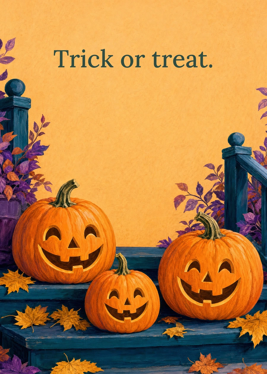 Personalized Pumpkins on the Porch Greeting Card front with example wording: Trick or treat.