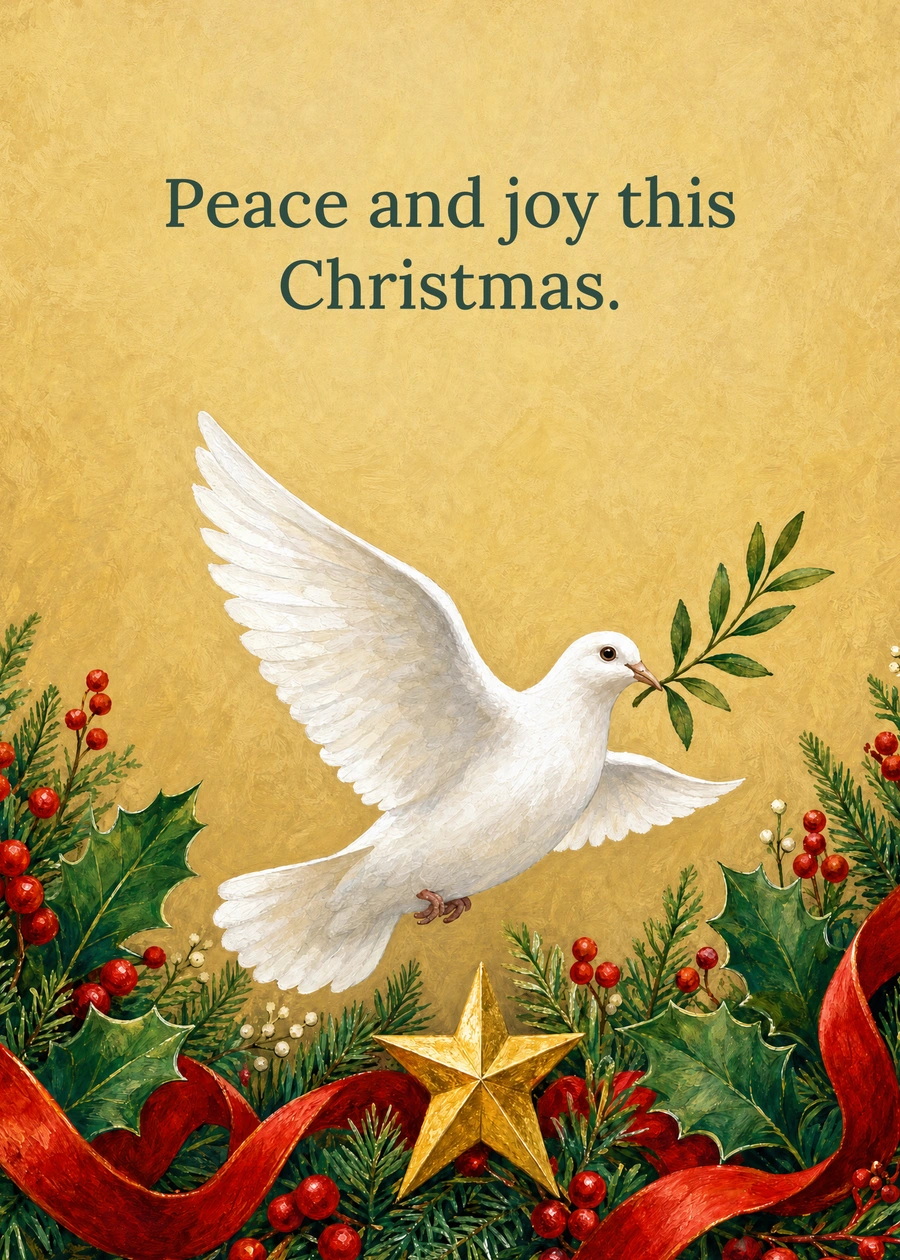 Personalized Peace at Christmas Greeting Card front with example wording: Peace and joy this Christmas.