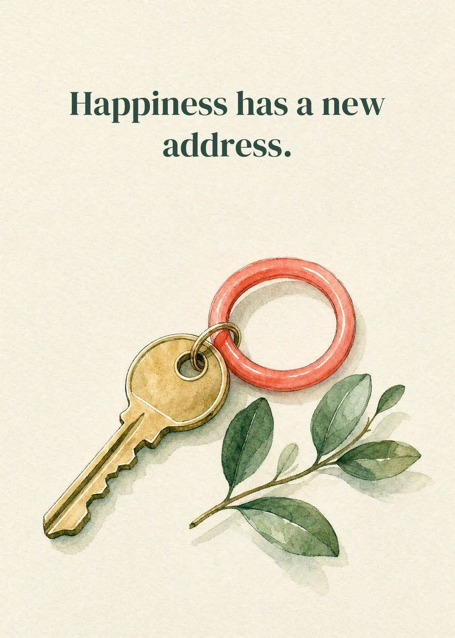 Personalized A Key to Lovely Things Greeting Card front with example wording: Happiness has a new address.