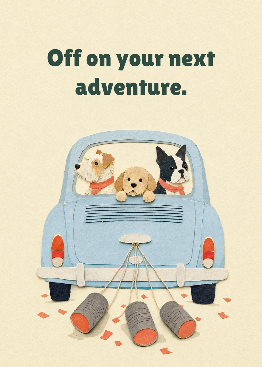 Personalized Just Married, Just Lovely Greeting Card front with example wording: Off on your next adventure.