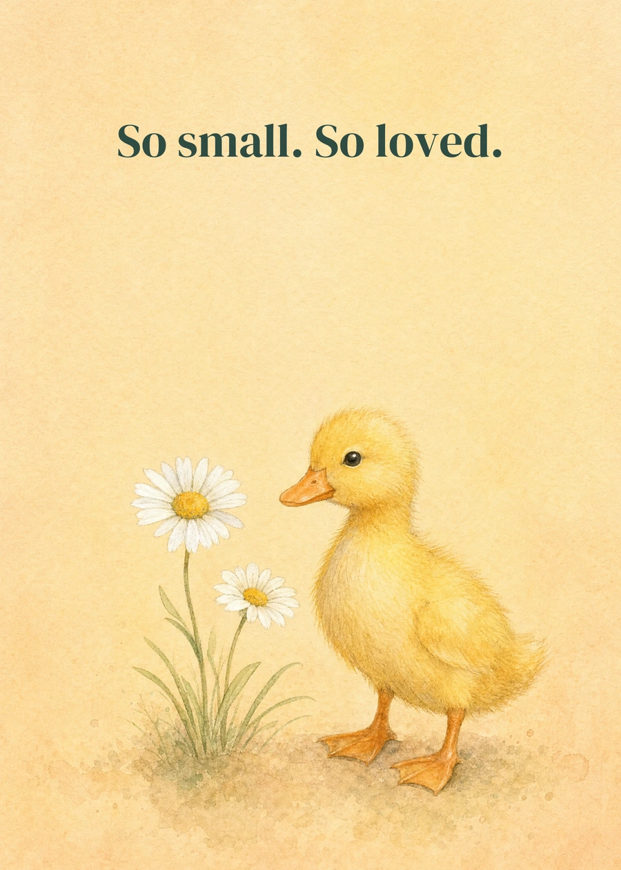 Welcome, Little Duckling greeting card artwork: So small. So loved.