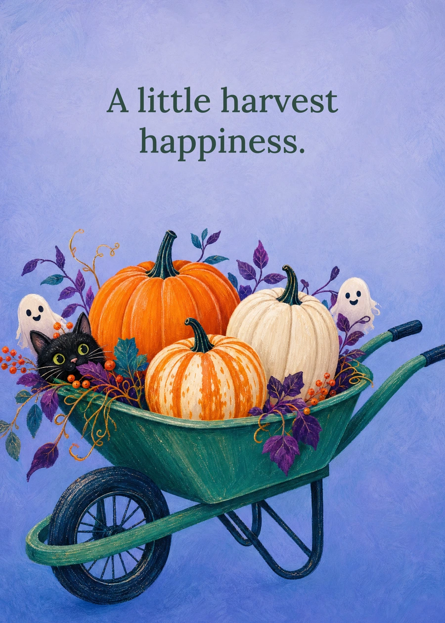 Personalized The Little Pumpkin Harvest Greeting Card front with example wording: A little harvest happiness.