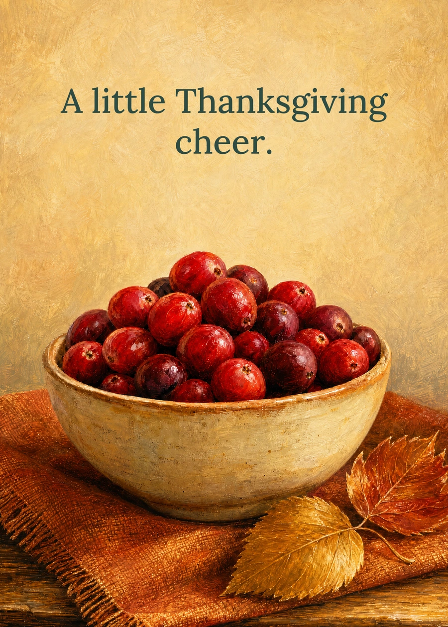 Personalized A Bowl of Thanksgiving Cheer Greeting Card front with example wording: A little Thanksgiving cheer.