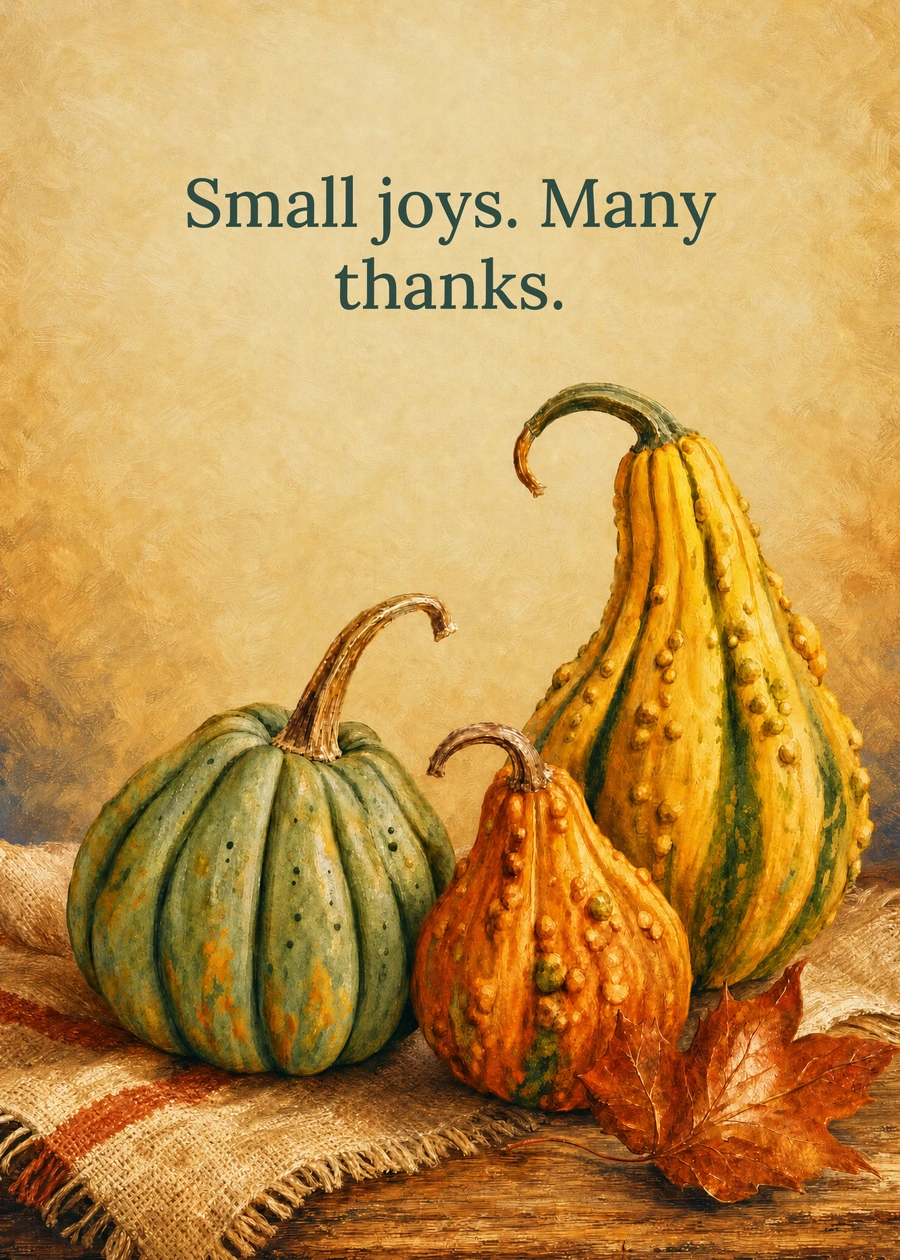 Personalized The Little Gourd Collection Greeting Card front with example wording: Small joys. Many thanks.