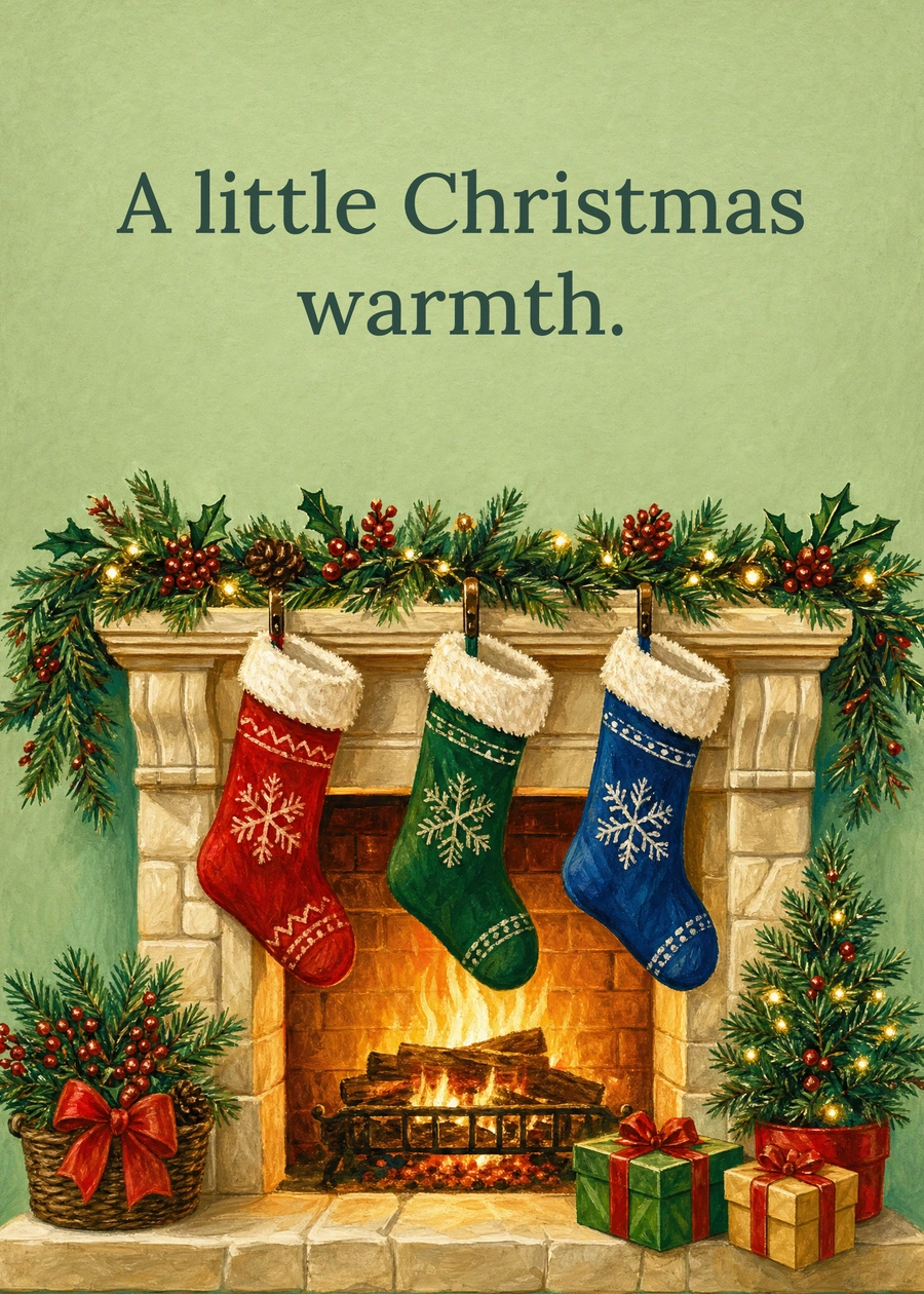 Personalized Stockings by a Christmas Fire Greeting Card front with example wording: A little Christmas warmth.