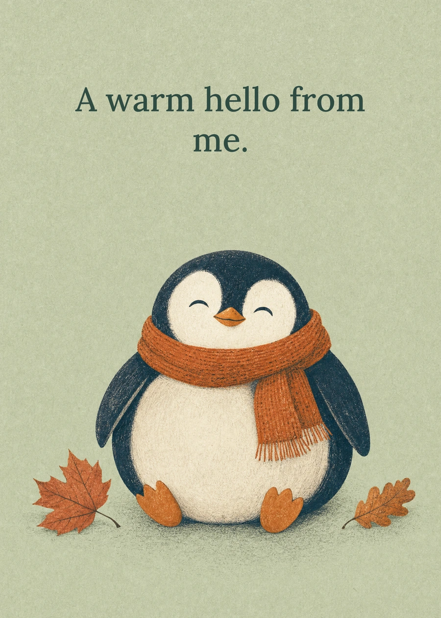 Personalized A Penguin in October Greeting Card front with example wording: A warm hello from me.