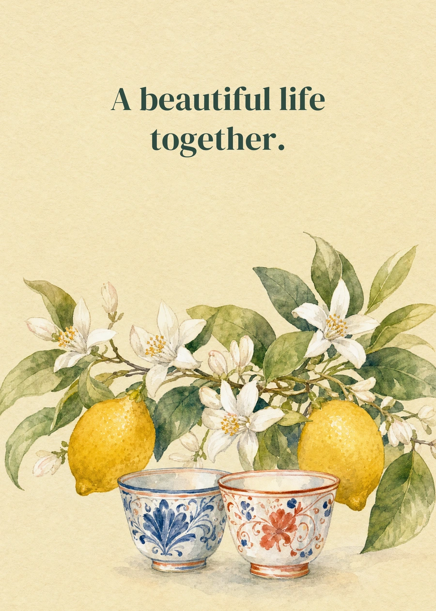A Sunny Beginning greeting card artwork: A beautiful life together.