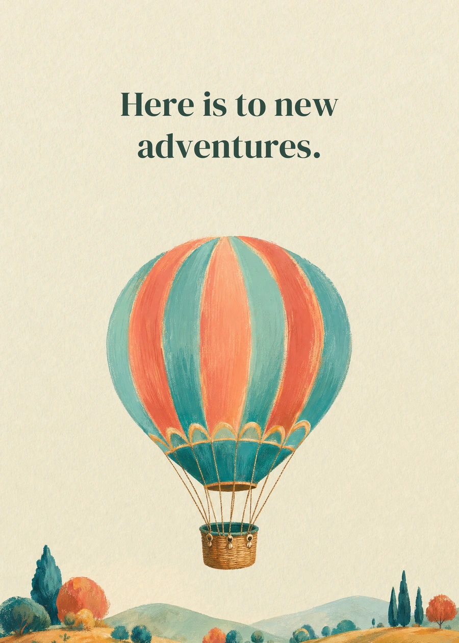 Personalized Up, Up, Birthday Greeting Card front with example wording: Here is to new adventures.