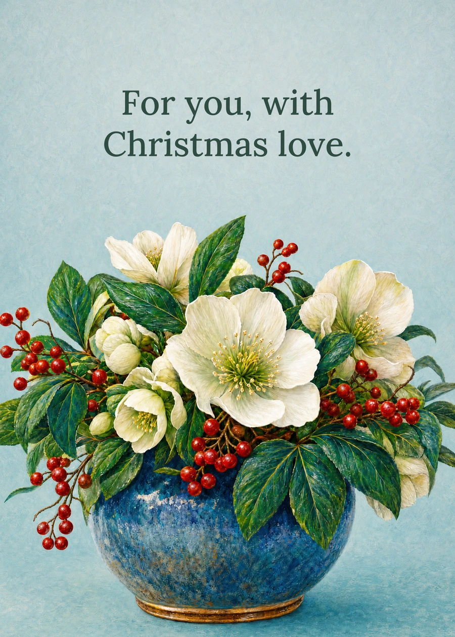 Personalized Christmas Rose Bouquet Greeting Card front with example wording: For you, with Christmas love.