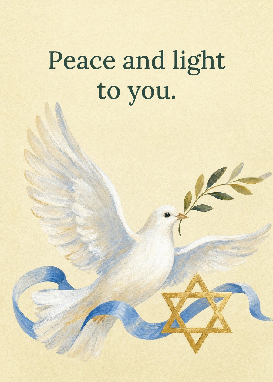 Personalized Peace for Hanukkah Greeting Card front with example wording: Peace and light to you.