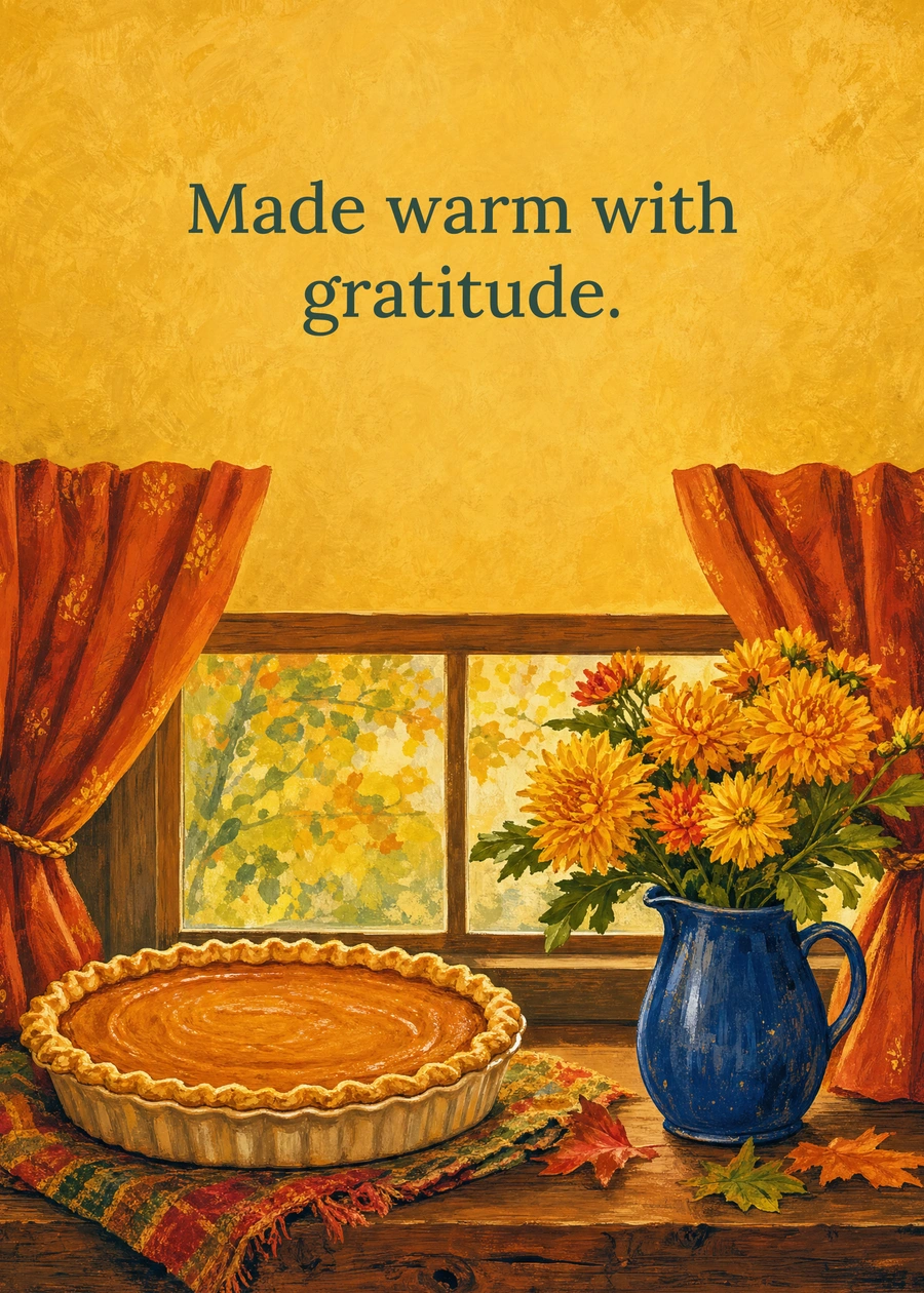 Personalized The Thanksgiving Kitchen Window Greeting Card front with example wording: Made warm with gratitude.